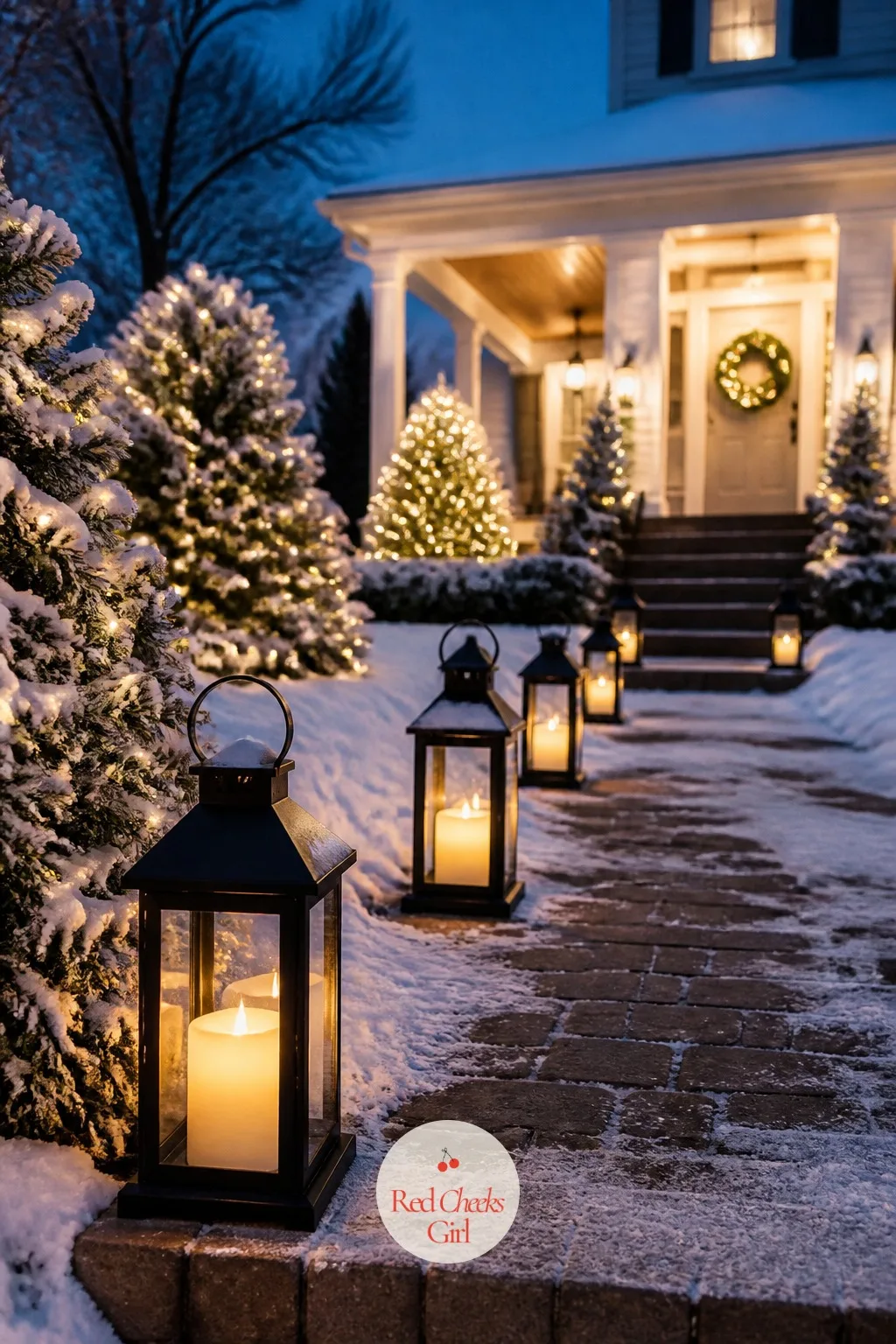 Lanterns Down the Front Walk — A dark front walk makes even a well-decorated door feel like an afterthought once guests are actually navigating it in the dark.