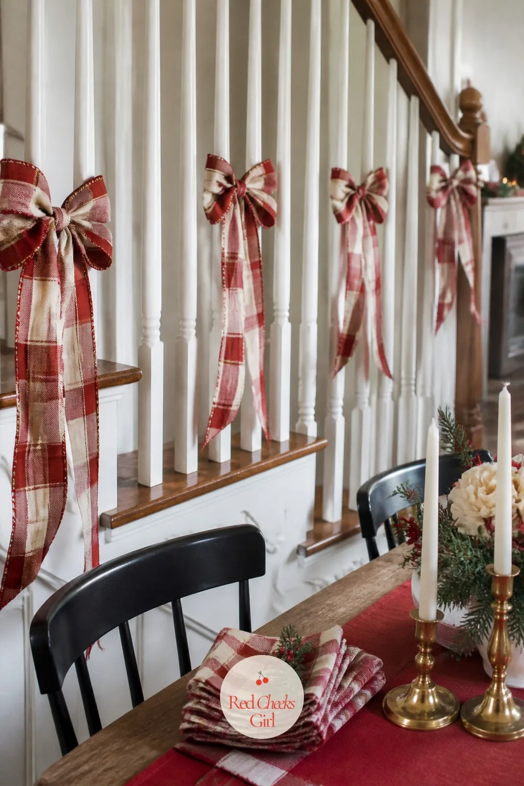 Plaid Ribbon Tied to Every Other Riser — Painted stair risers left plain feel like an unfinished thought next to a fully wrapped banister. Hallmark christmas