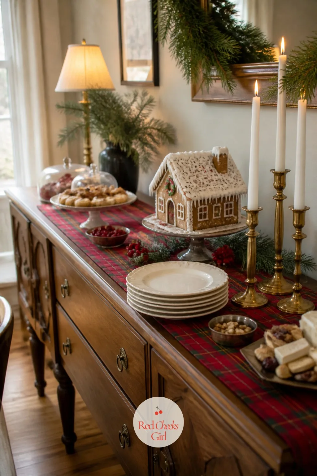 The Sideboard Doing Double Duty as a Buffet — A sideboard left bare looks like unused real estate once the table itself is this dressed. Hallmark christmas