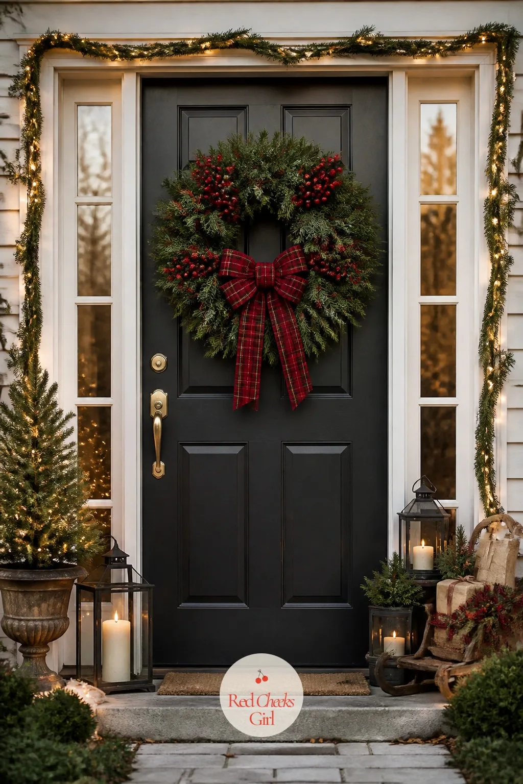 A Wreath Thick Enough to Photograph From the Street — A thin, wire-frame wreath reads as an afterthought the second anyone pulls into the driveway. Hallmark