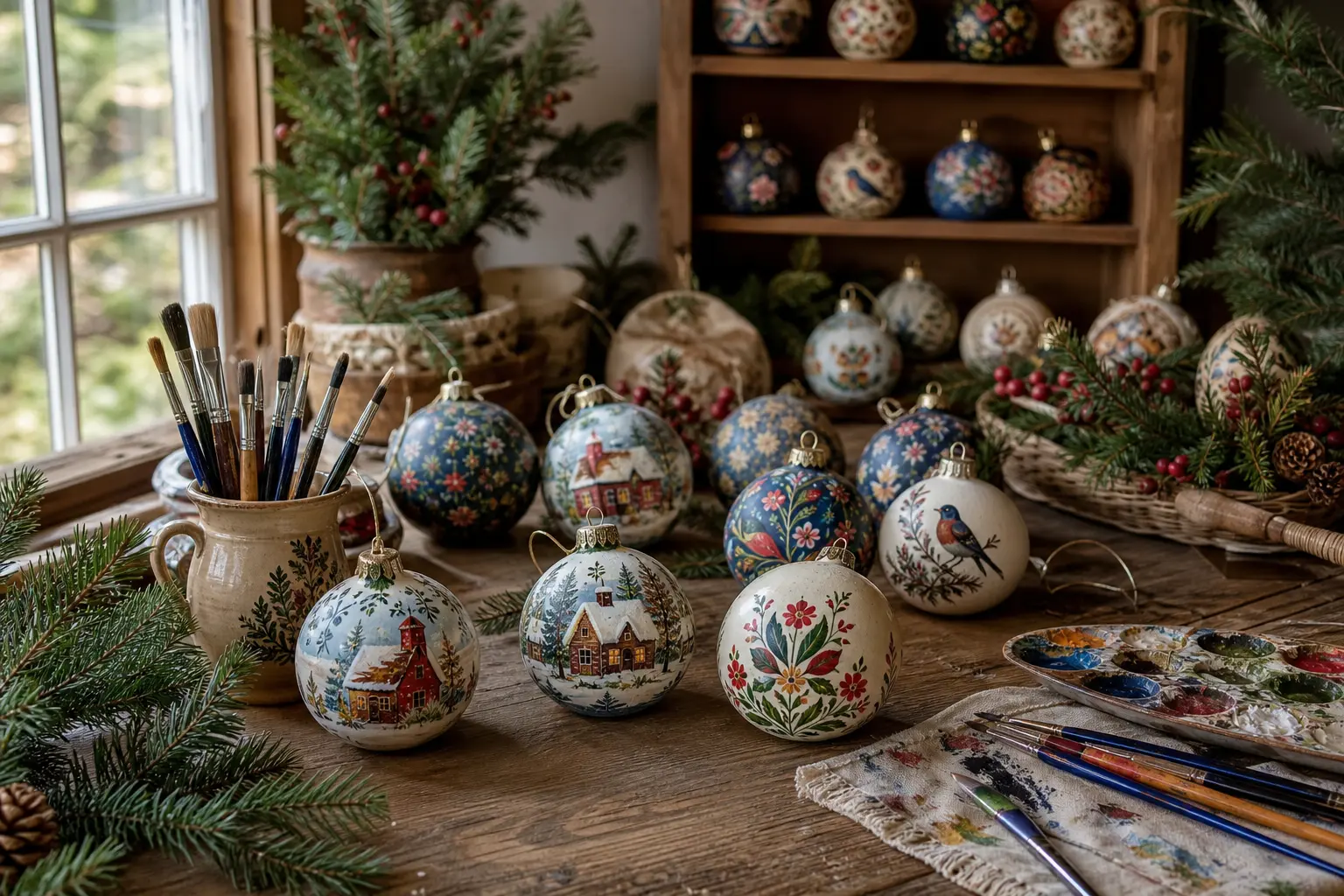 24 Hand Painted Christmas Ornaments With Tiny Cottages, Snowy Birds and Folk-Art Florals
