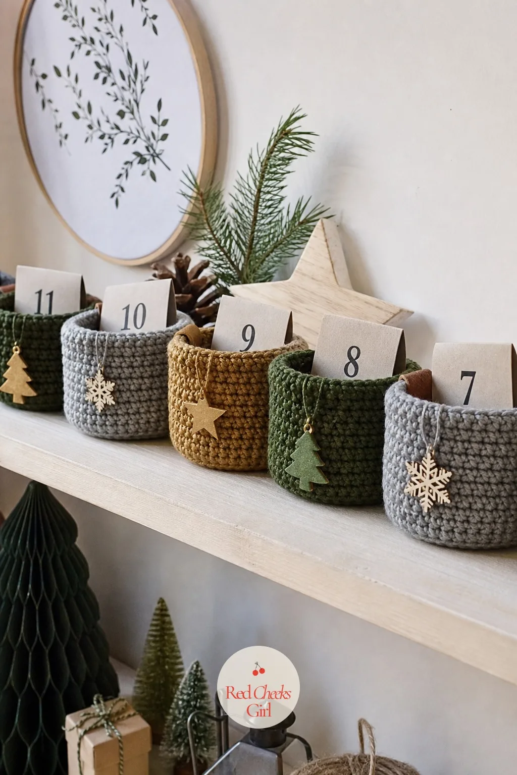 Crochet Basket Advent Calendar on a Shelf — Pockets and stockings both ask to be unpicked and refilled from scratch each year. Handmade advent calendar