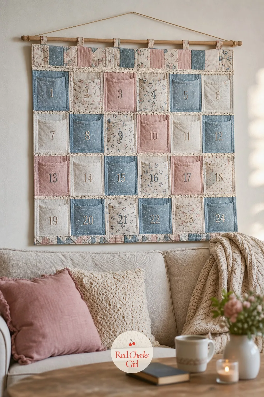 Patchwork Advent Wall Hanging Above the Sofa — A patchwork calendar looks like it has already survived a few Christmases even in its first year, which is the