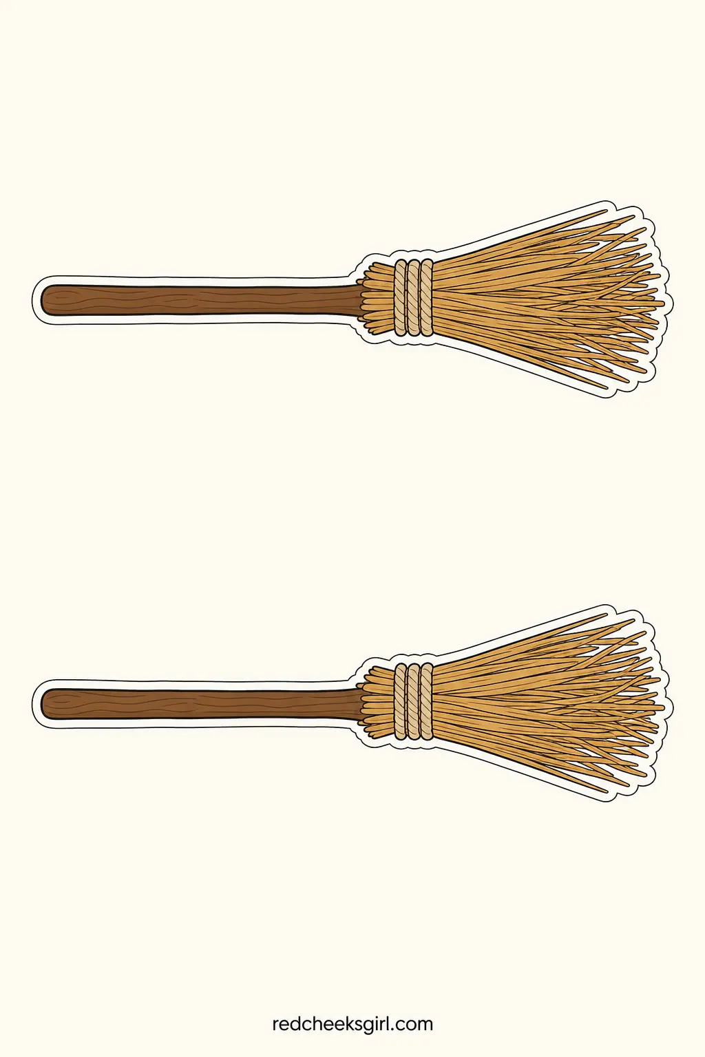 Broomstick Garland printable sheet — A long handled broom with a fan of straw colored twigs at one end, bound with a few wraps of cord, lying on its side the
