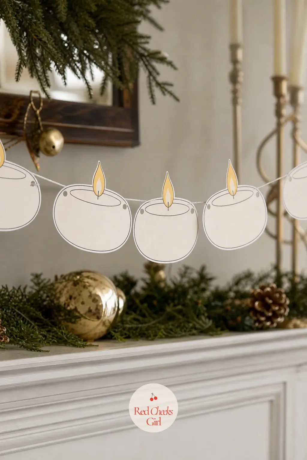 Floating Candle Garland — A tall ivory candle with a soft gold flame, meant to be printed, cut and hung so the candles appear to drift at different heights the
