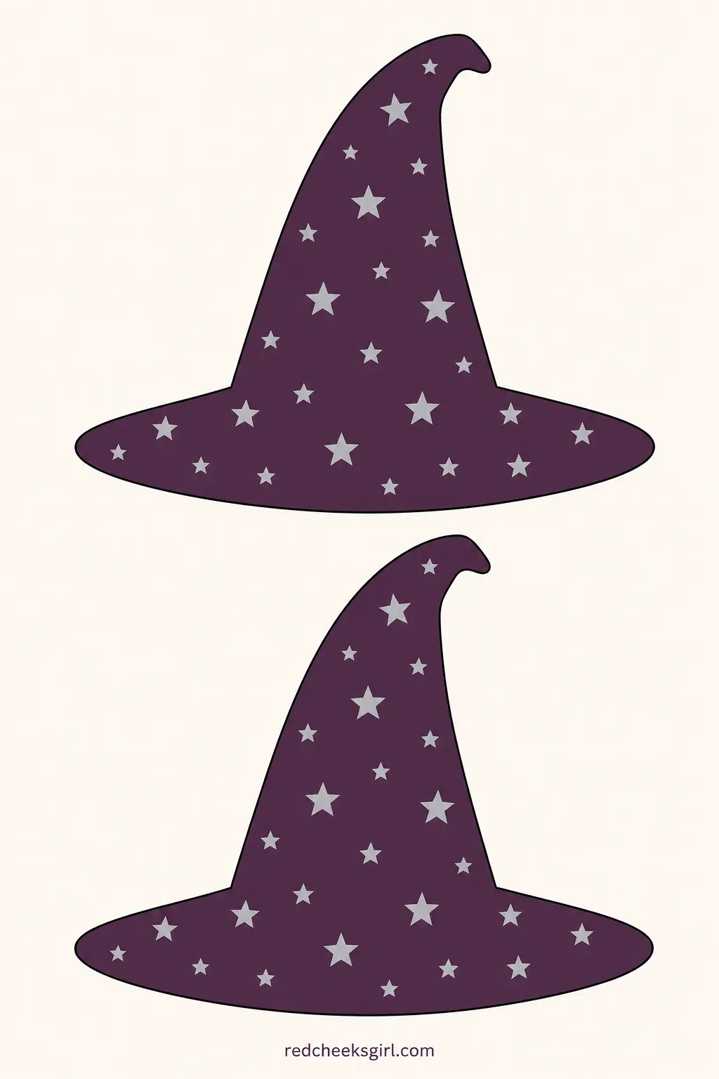 Pointed Wizard Hat Garland printable sheet — A tall cone shaped hat in deep plum with a scattering of small silver stars and a thin wide brim, this garland