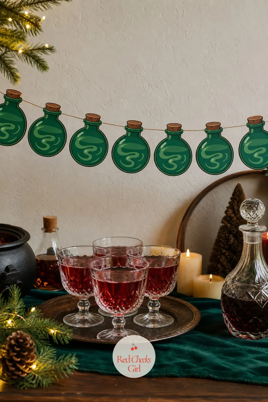 Potion Bottle Garland — A round bellied glass bottle in deep emerald with a cork stopper and a faint swirl of bubbling liquid inside, this one pairs naturally