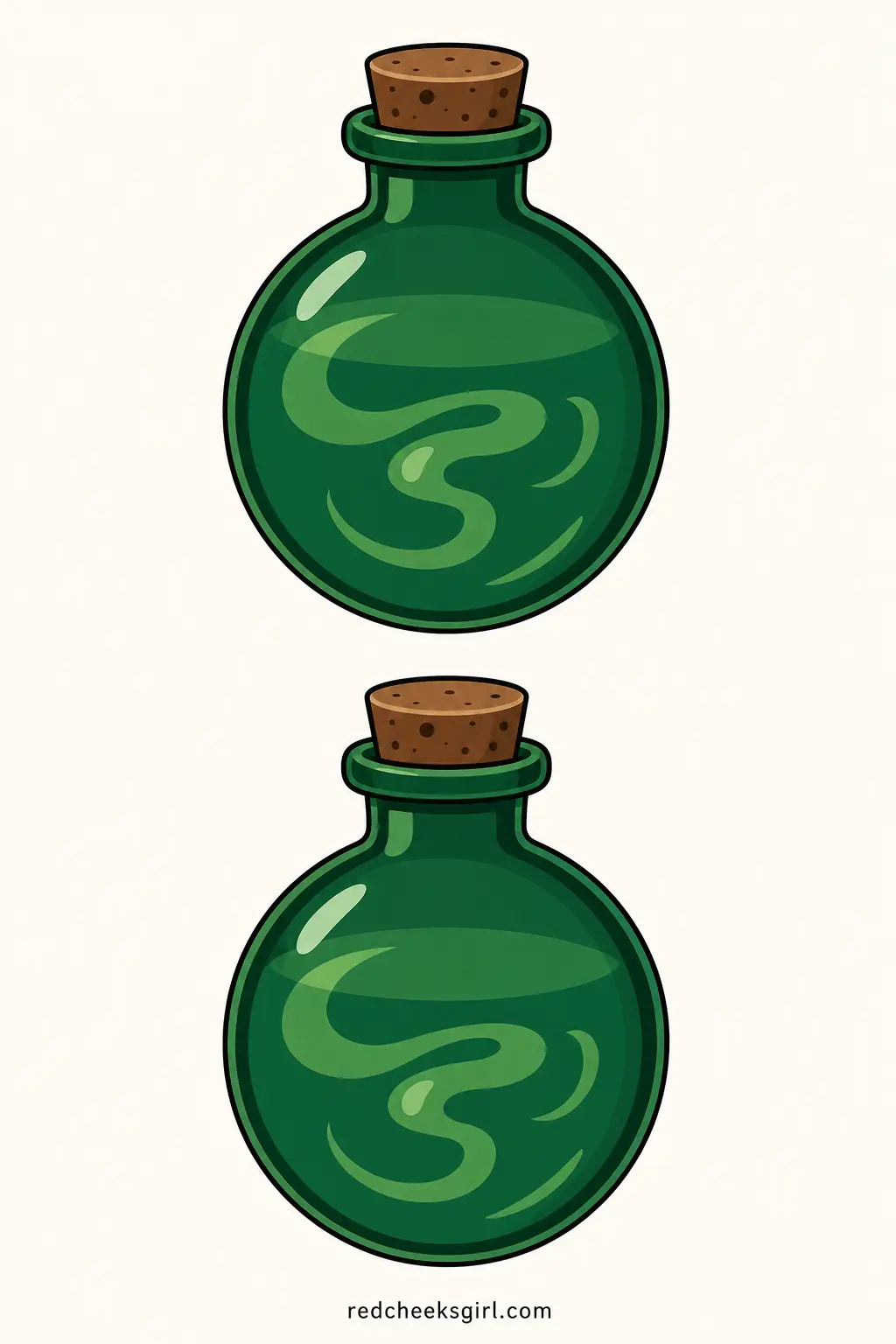 Potion Bottle Garland printable sheet — A round bellied glass bottle in deep emerald with a cork stopper and a faint swirl of bubbling liquid inside, this one