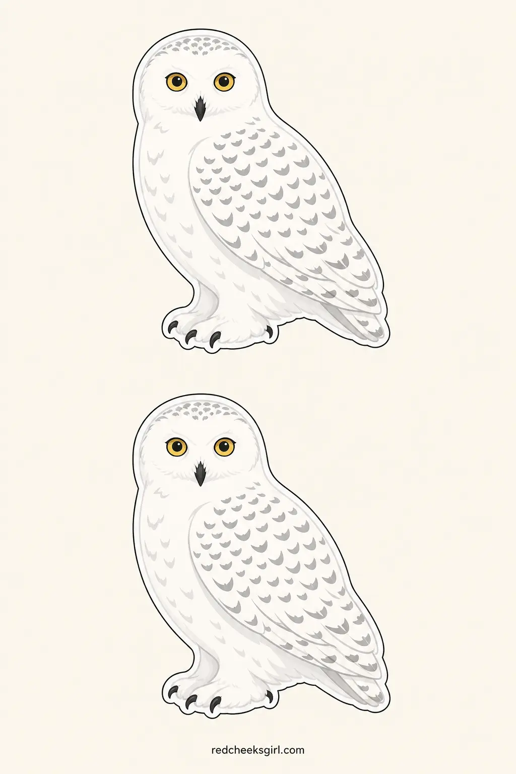 Snowy Owls on String printable sheet — A perched snowy owl, wings folded and feathers shaded in soft grey against cream, is the single shape every reader