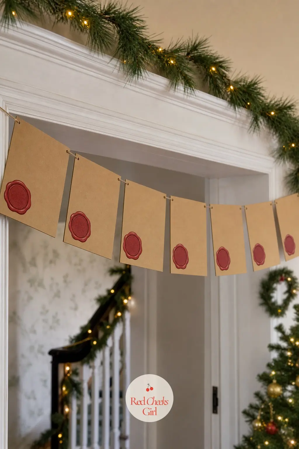 Wax-Sealed Letter Garland — A kraft colored envelope with a round scarlet wax seal in the corner, printed flat and strung as a run of letters, suits a doorway