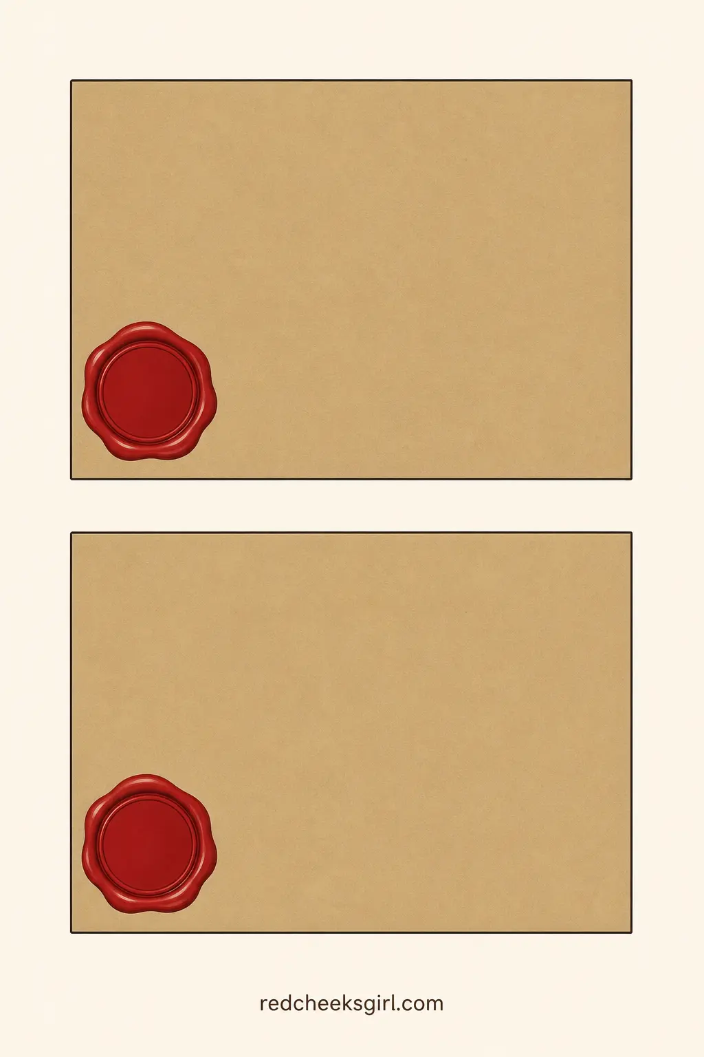 Wax-Sealed Letter Garland printable sheet — A kraft colored envelope with a round scarlet wax seal in the corner, printed flat and strung as a run of letters