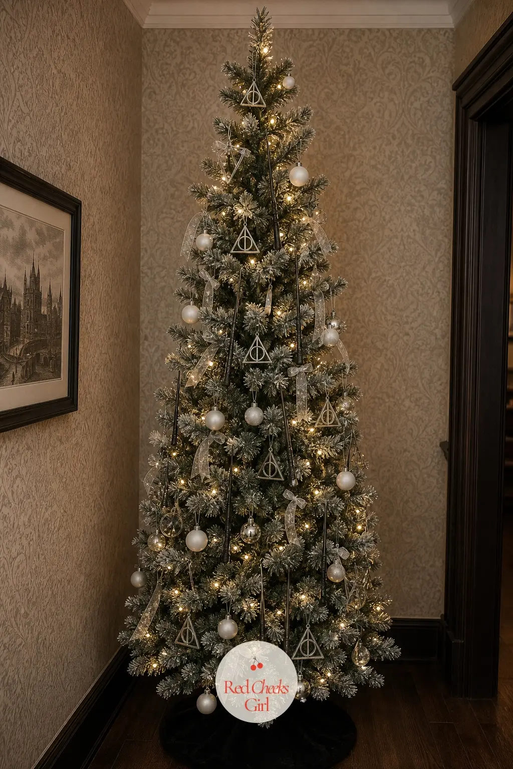 The Deathly Hallows Tree — A slim pencil artificial tree in pewter, black and bone white, kept deliberately spare against patterned hallway wallpaper. Harry