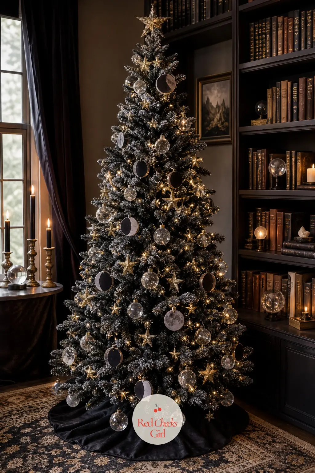 The Divination Tower Tree — A flocked artificial tree in black and gold, built for a candlelit corner of a study rather than the middle of a room. Harry potter