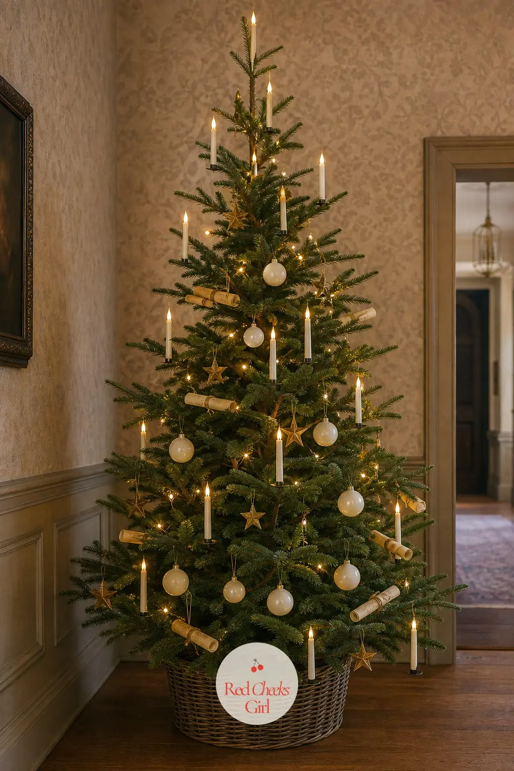 The Floating Candles Tree — A sparse, airy real fir chosen for the gaps between branches as much as the ornaments, so flameless LED candle picks can sit at