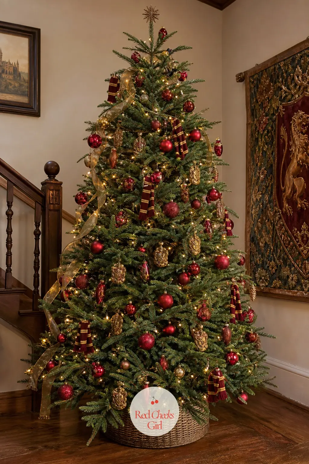 The Gryffindor Common Room Tree — A real fir dressed entirely in scarlet and gold, with a lion crest catching the light wherever a branch lets it through.