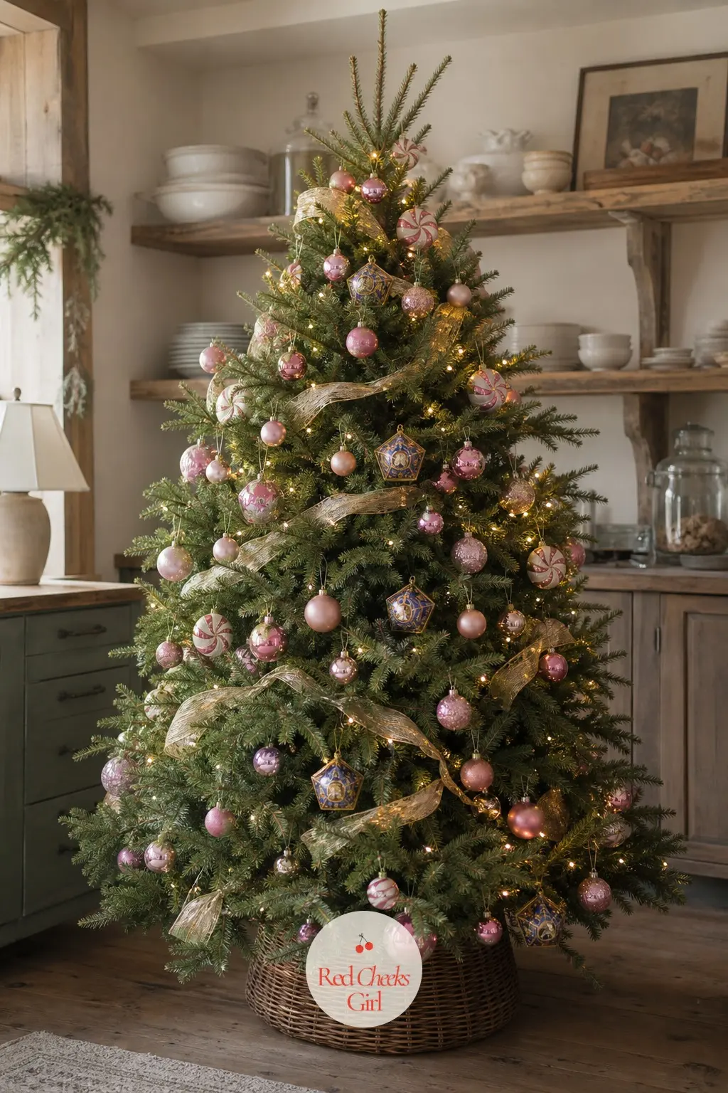 The Honeydukes Sweet Shop Tree — A full, wide real fir on open kitchen shelving, the sugared counterpart to the Potions tree two shelves down. Harry potter