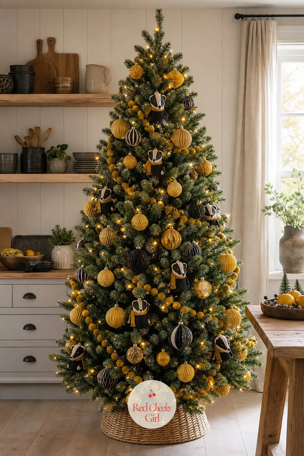 The Hufflepuff Kitchen Garden Tree — A full, wide artificial tree on open farmhouse shelving, the one house tree that leans warm rather than jewel-toned. Harry