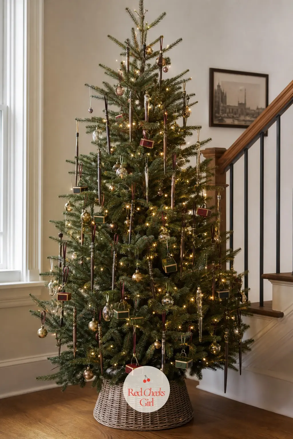 The Ollivanders Wand Shop Tree — A sparse, airy real fir on a landing, left with enough visible branch that every wand ornament and wand-box miniature stands