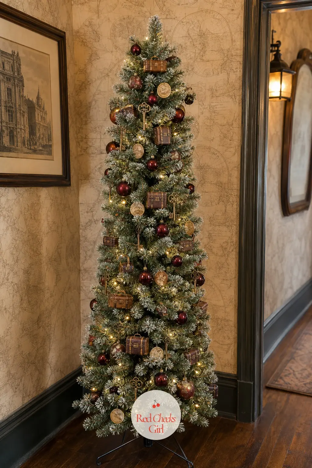 The Platform Nine and Three Quarters Tree — A slim pencil artificial tree against vintage travel wallpaper in a hallway, built from luggage rather than glass.