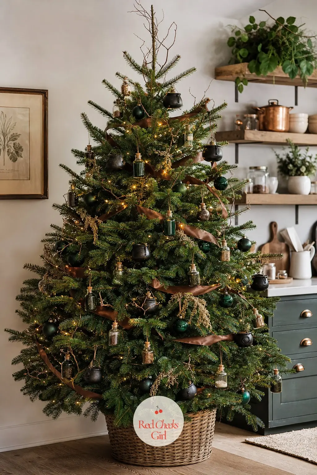 The Potions Classroom Tree — A full, wide real fir on open kitchen shelving, dressed in bottle green and copper rather than the brighter Slytherin palette.