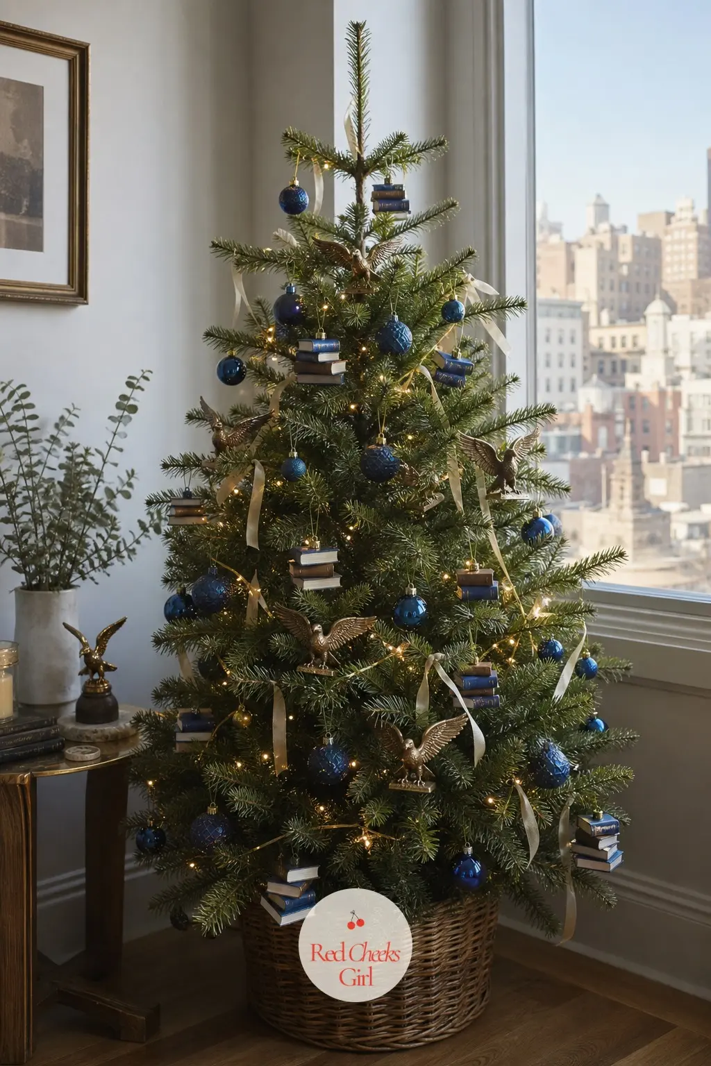 The Ravenclaw Tower Tabletop Tree — A small potted tree on a side table by a window, sized for an apartment rather than a stairwell. Harry potter christmas tree