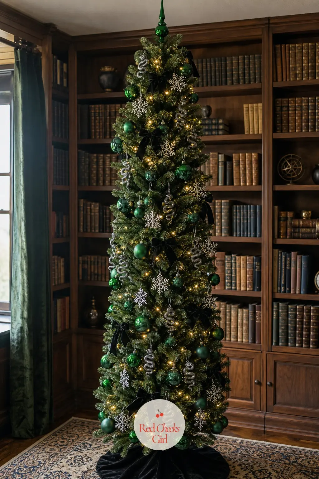 The Slytherin Dungeon Pencil Tree — A slim pencil artificial tree tucked into a corner of a book-lined study, where its narrow shape never blocks a shelf.