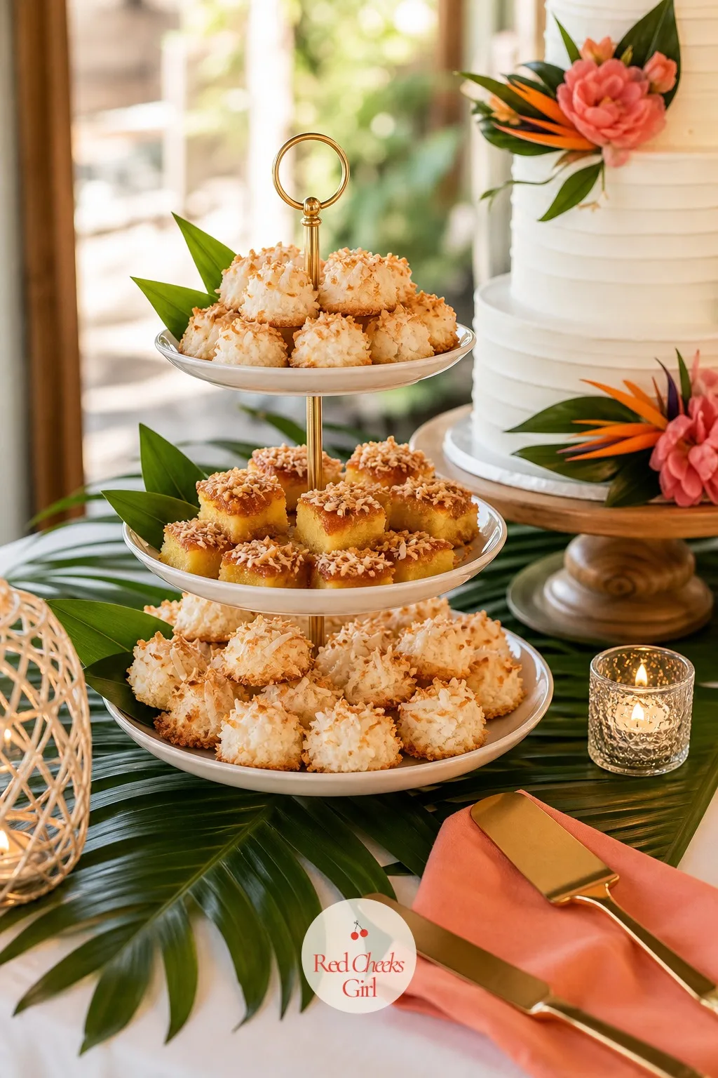 The Coconut and Pineapple Treats Tray — Not every guest wants cake, and a single alternative tray next to it covers everyone without turning the table into a