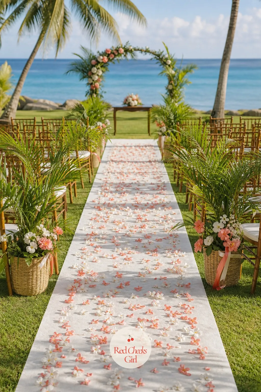 The Petal-Strewn Aisle — Grass or sand alone looks unfinished once guests are seated and staring straight down it. Hawaiian wedding