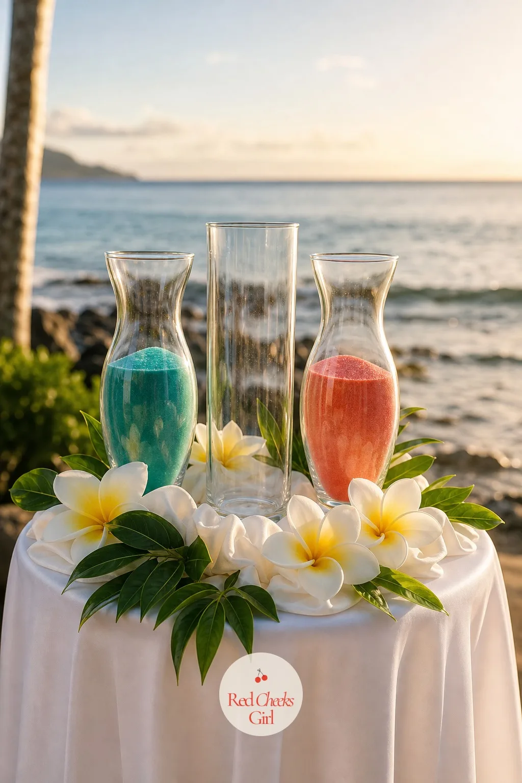 The Sand Ceremony — An open flame candle feels risky on a windy beach, and this is the tropical answer to it: two colors of sand poured together into one