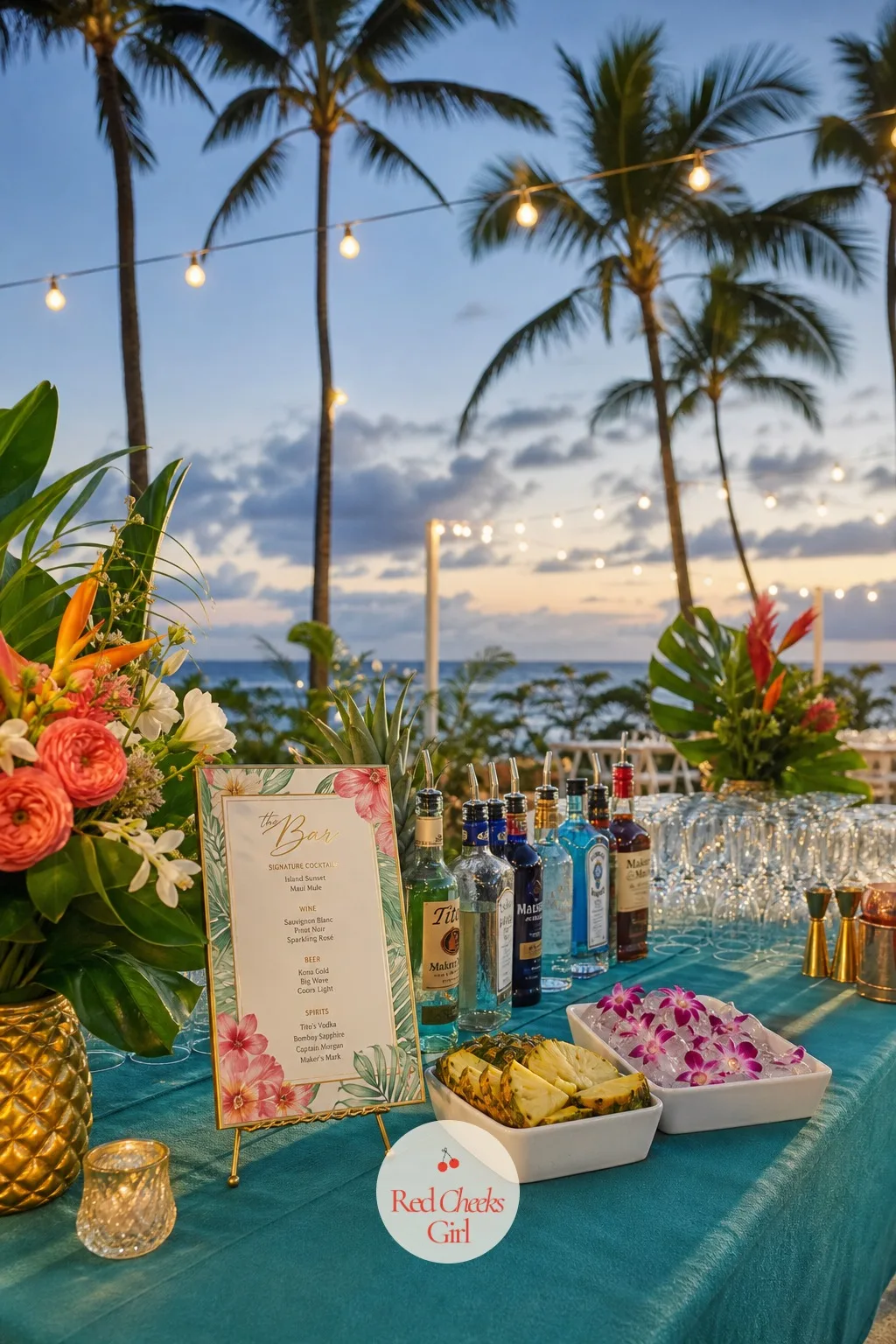 The Tropical Bar — A full open bar can feel like more than the day needs, and it is not the only tropical option. Hawaiian wedding