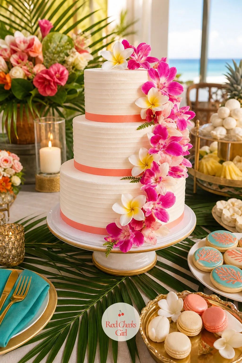 The Tropical Flower Cake — A plain white cake can look almost unfinished against a setting this colorful, like it forgot to get the memo. Hawaiian wedding