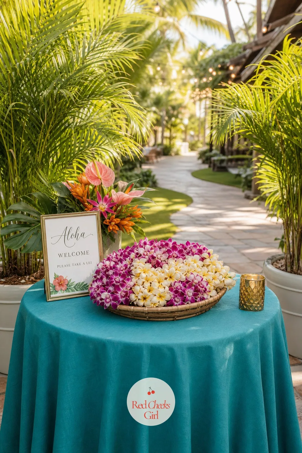 The Welcome Table with Fresh Leis — A guest who has just stepped off a long drive or an early flight needs to feel the day start the moment they arrive, not