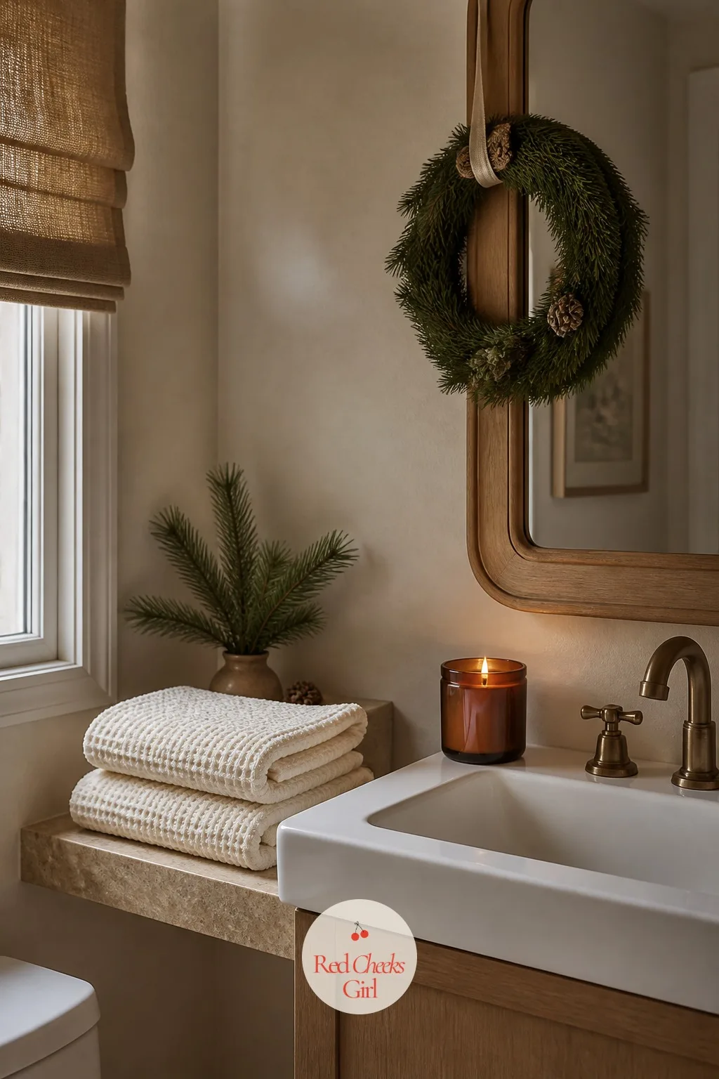 The Bathroom Towels and a Candle — Nobody expects the bathroom to be part of the look and that is exactly why it lands when it is. The holiday movie aesthetic