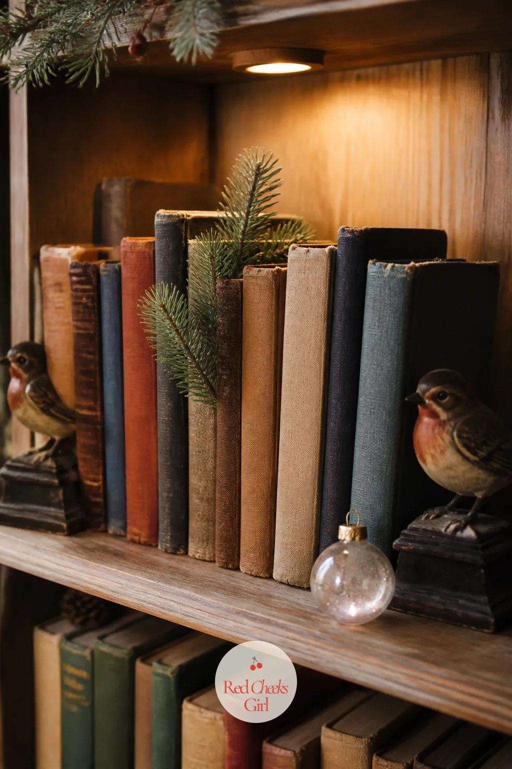 The Bookshelf Between the Novels — A bookshelf in this style gets a little decorated, not emptied out and staged. The holiday movie aesthetic