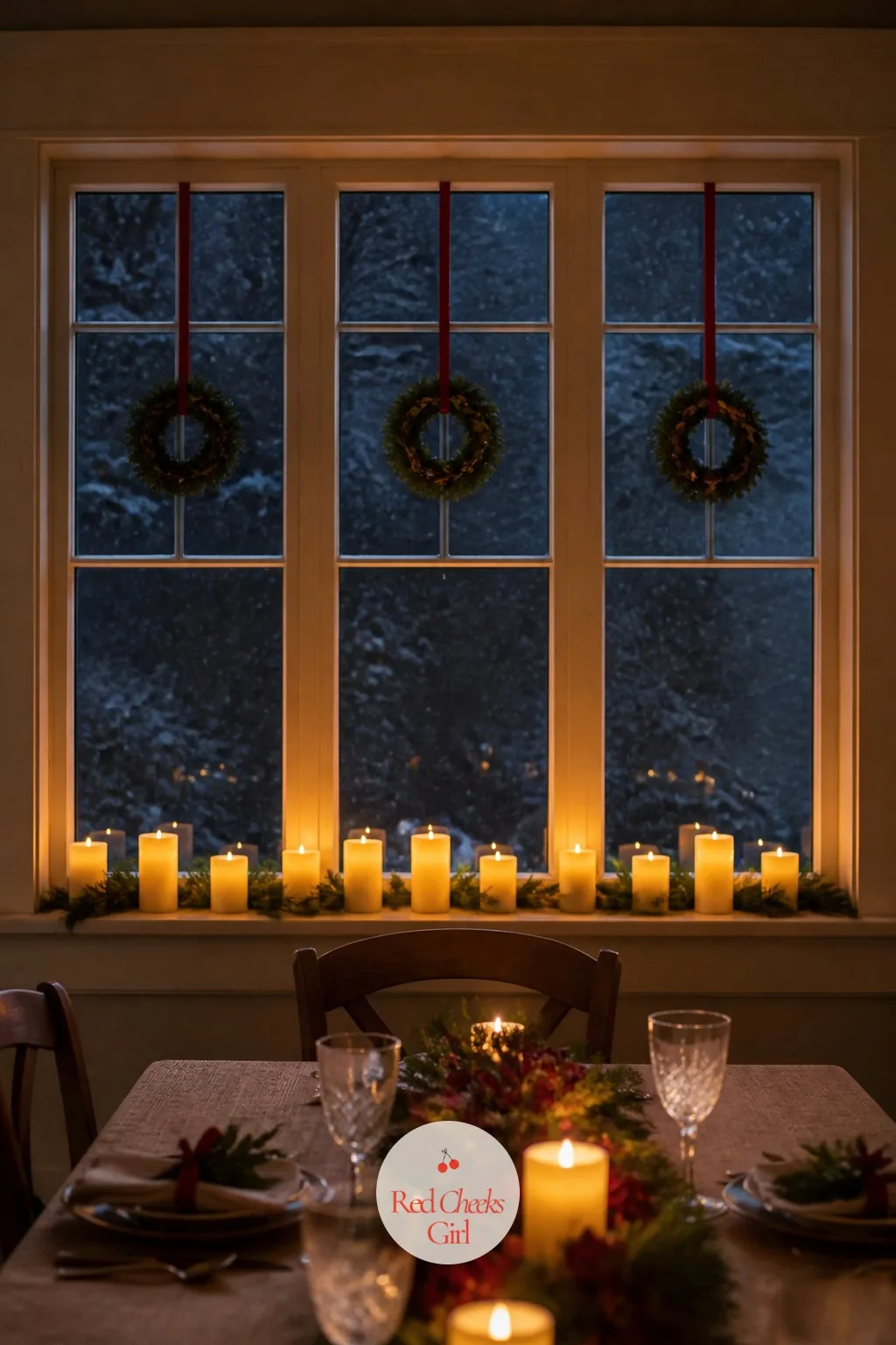 The Dining Room Window at Dusk — Lunch runs into dusk in a proper English winter, and the window behind the table goes from a view to a dark mirror in about