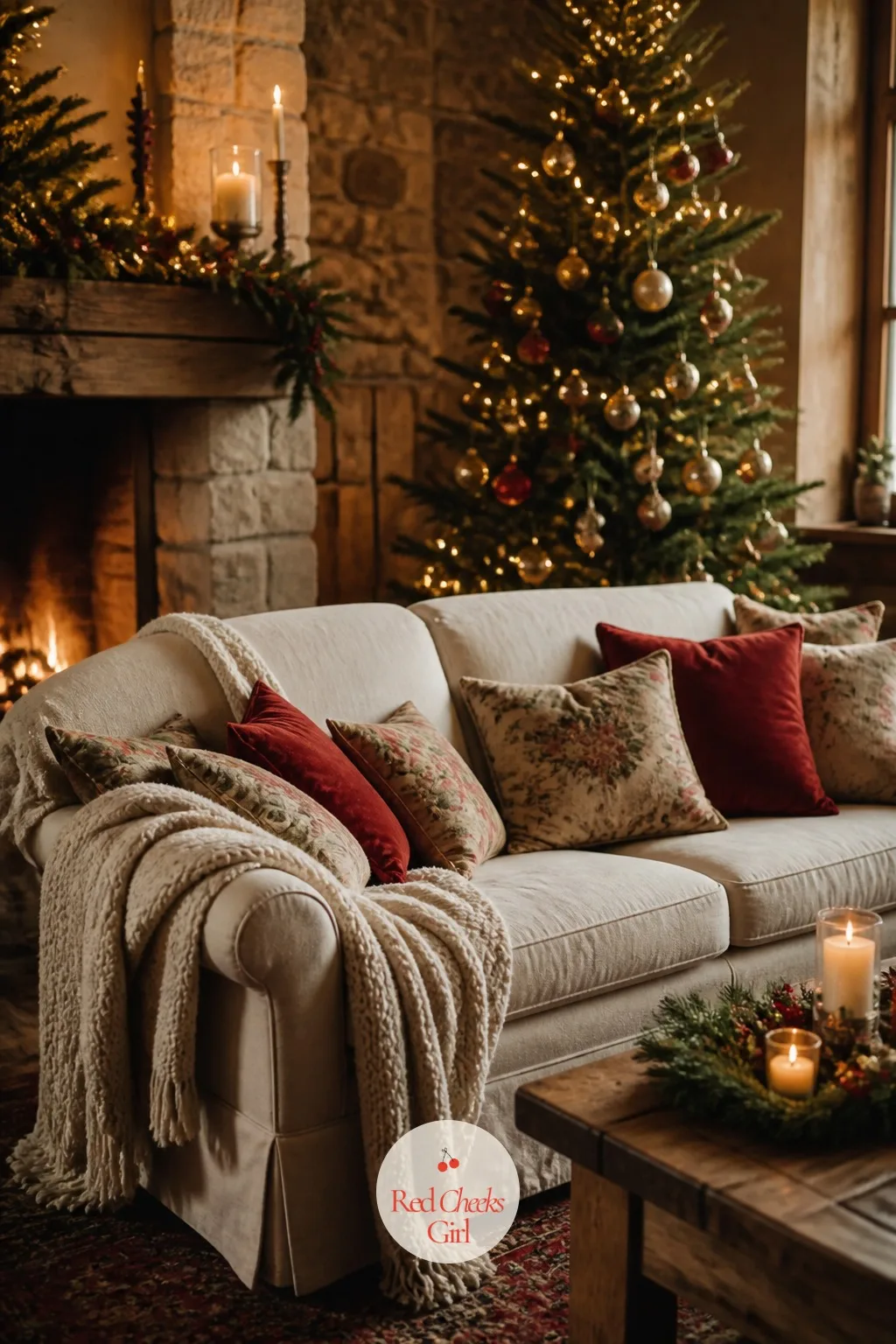 The Fireside Sofa and the Tree Behind It — Picture the sofa first: deep, a little worn in at the arm, with the tree glowing soft in the corner behind it rather