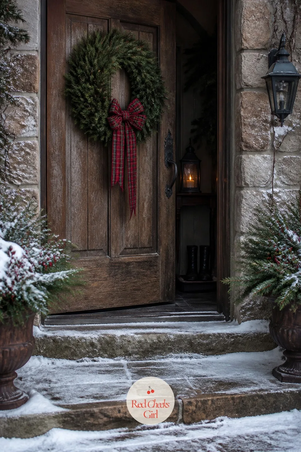 The Front Door, Wreathed and Waiting — A naked door reads as closed for the season, and nobody wants that first impression. The holiday movie aesthetic