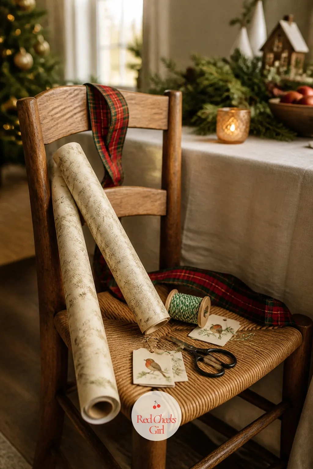 The Gift Wrapping Corner on the Dining Chair — Wrapping always ends up happening somewhere improvised, usually a dining chair covered in paper by the second