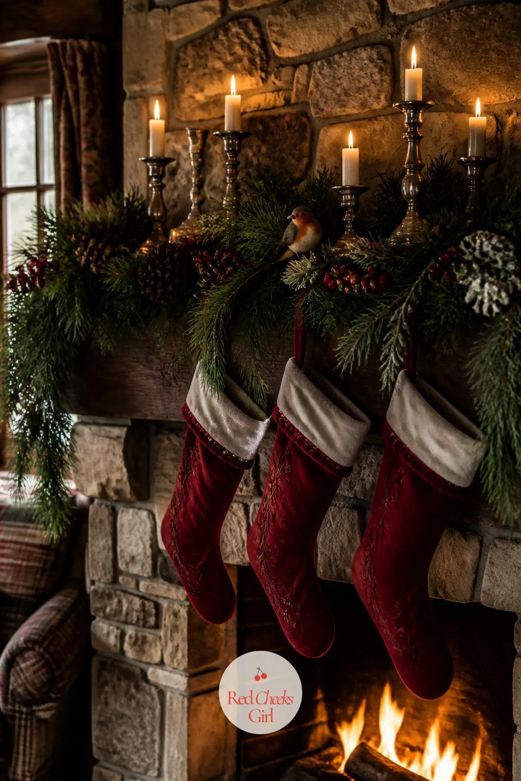 The Mantel, Dressed Low and Heavy — A bare stone fireplace looks unfinished the moment the fire goes out, and this is the fix. The holiday movie aesthetic