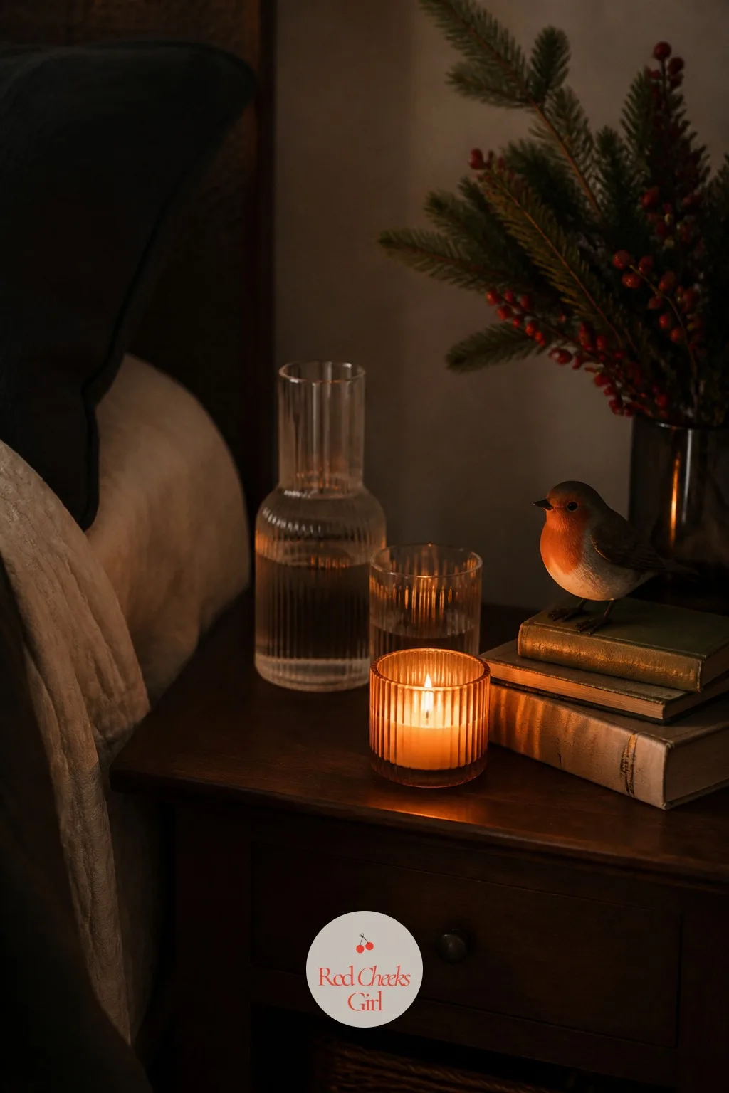 The Nightstand With a Candle Lit — The nightstand is the last thing a guest sees before the lamp goes off, so it carries more weight than its size suggests.