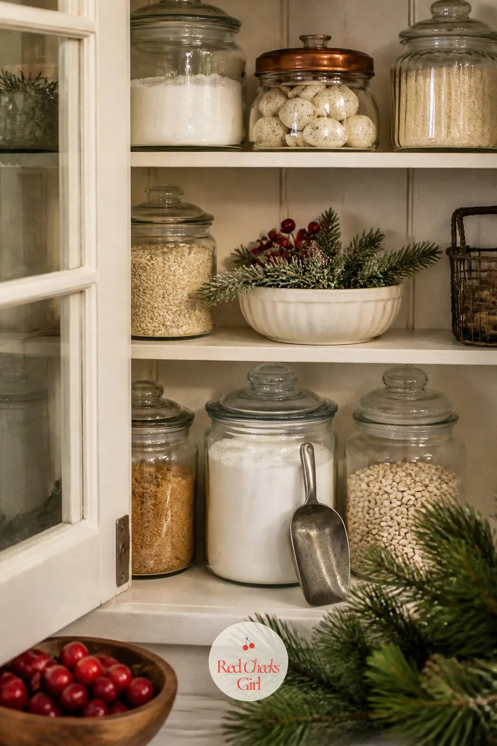 The Pantry Shelf on Display — Open shelving in a cottage kitchen means the everyday jars have to earn their place visually, not just functionally. The holiday