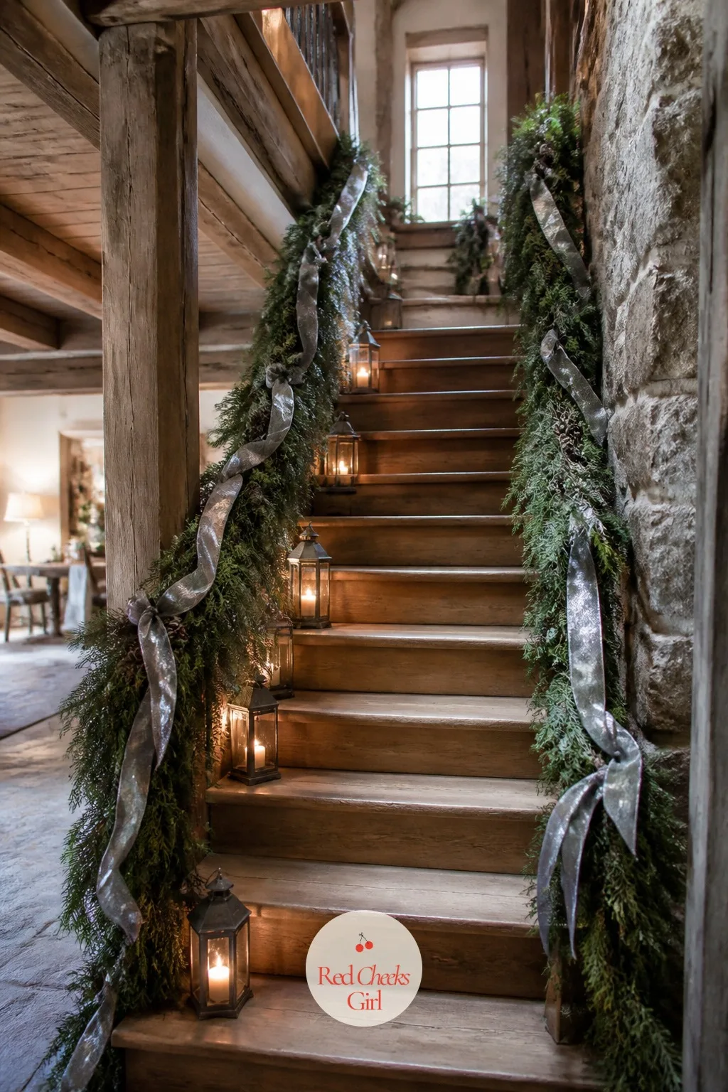 The Staircase, Wrapped All the Way Up — A bare banister in December looks like an oversight once the rest of the house is dressed. The holiday movie aesthetic