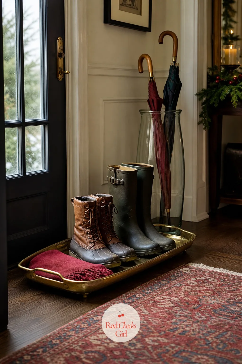 Boot and Umbrella Tray in the Entryway — Wet boots and dripping umbrellas on a wood floor turn a pretty entry into a hazard within the first half hour. Holiday