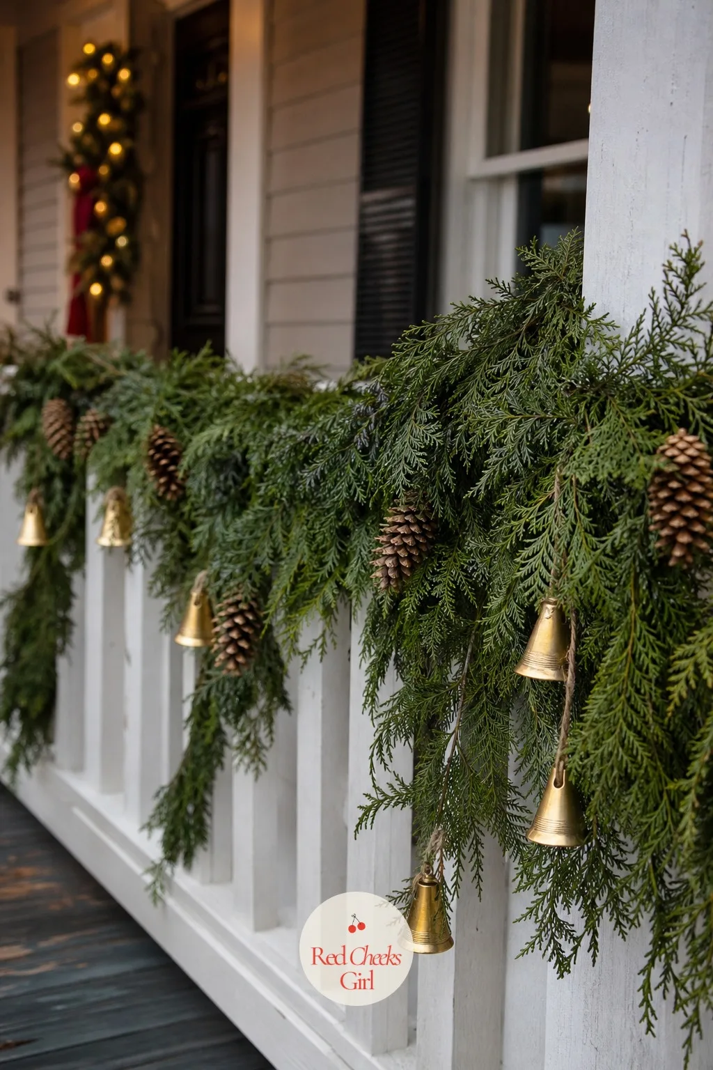 Cedar and Pinecone Garland on the Railing — A bare railing or door frame makes even a decorated door look like an afterthought. Holiday open house ideas