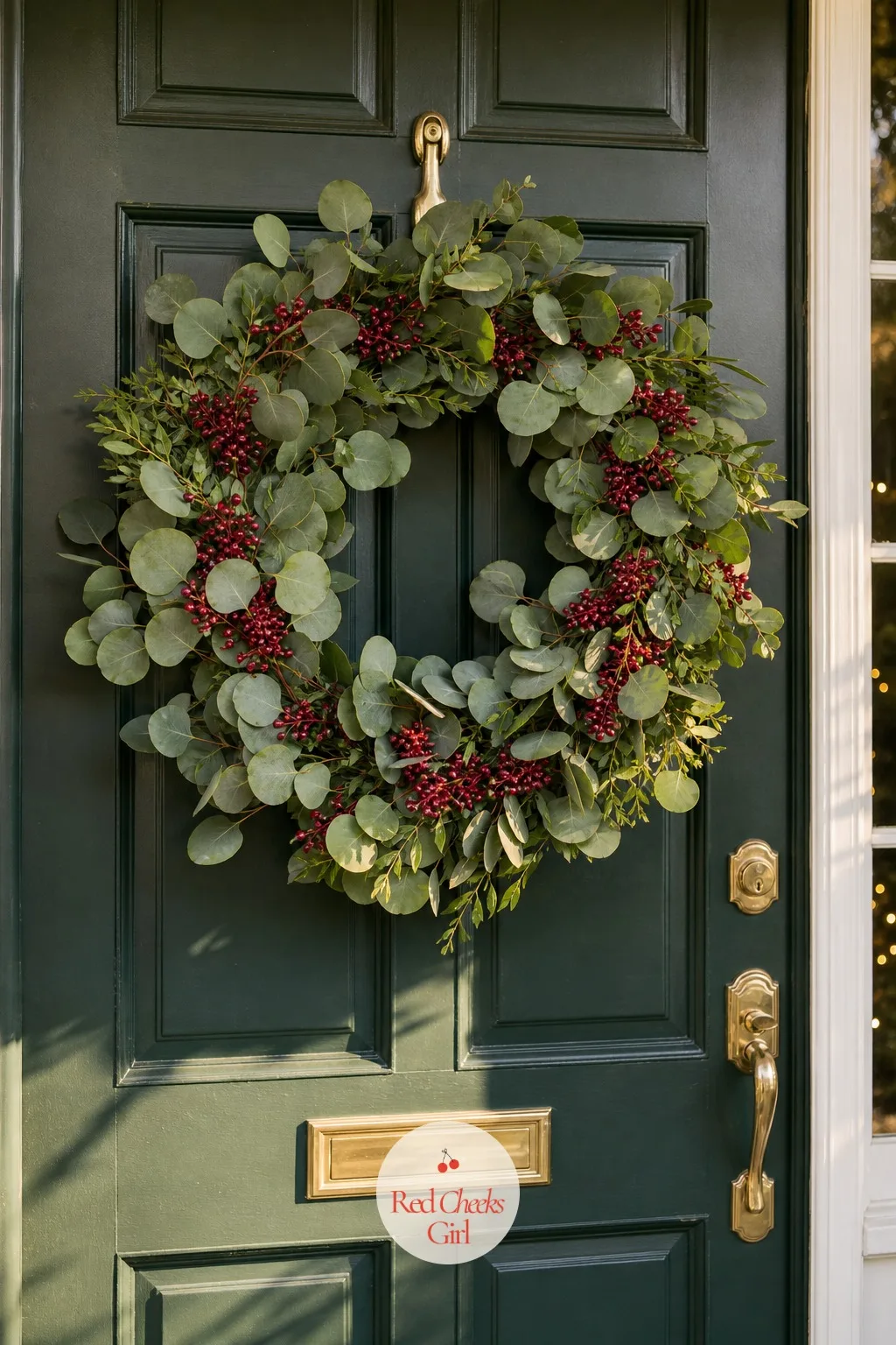 Eucalyptus and Cranberry Wreath — A bare door says nobody is especially looking forward to this. Holiday open house ideas