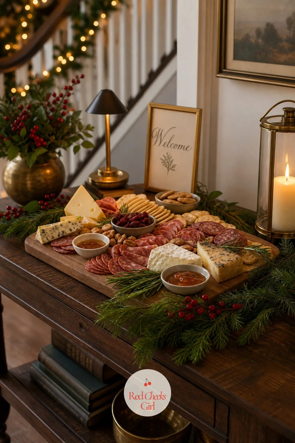 The Grazing Board Built Right on the Entry Table — A sad plate of crackers left out too long is the thing that makes a party feel neglected. Holiday open house