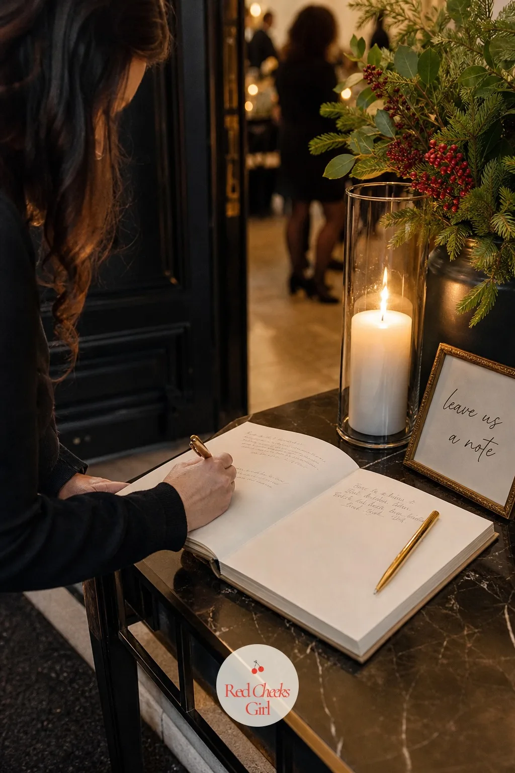 A Guest Book Left Open on a Side Table — A party with forty guests across three hours means you will not actually speak to everyone, and that is fine, but it