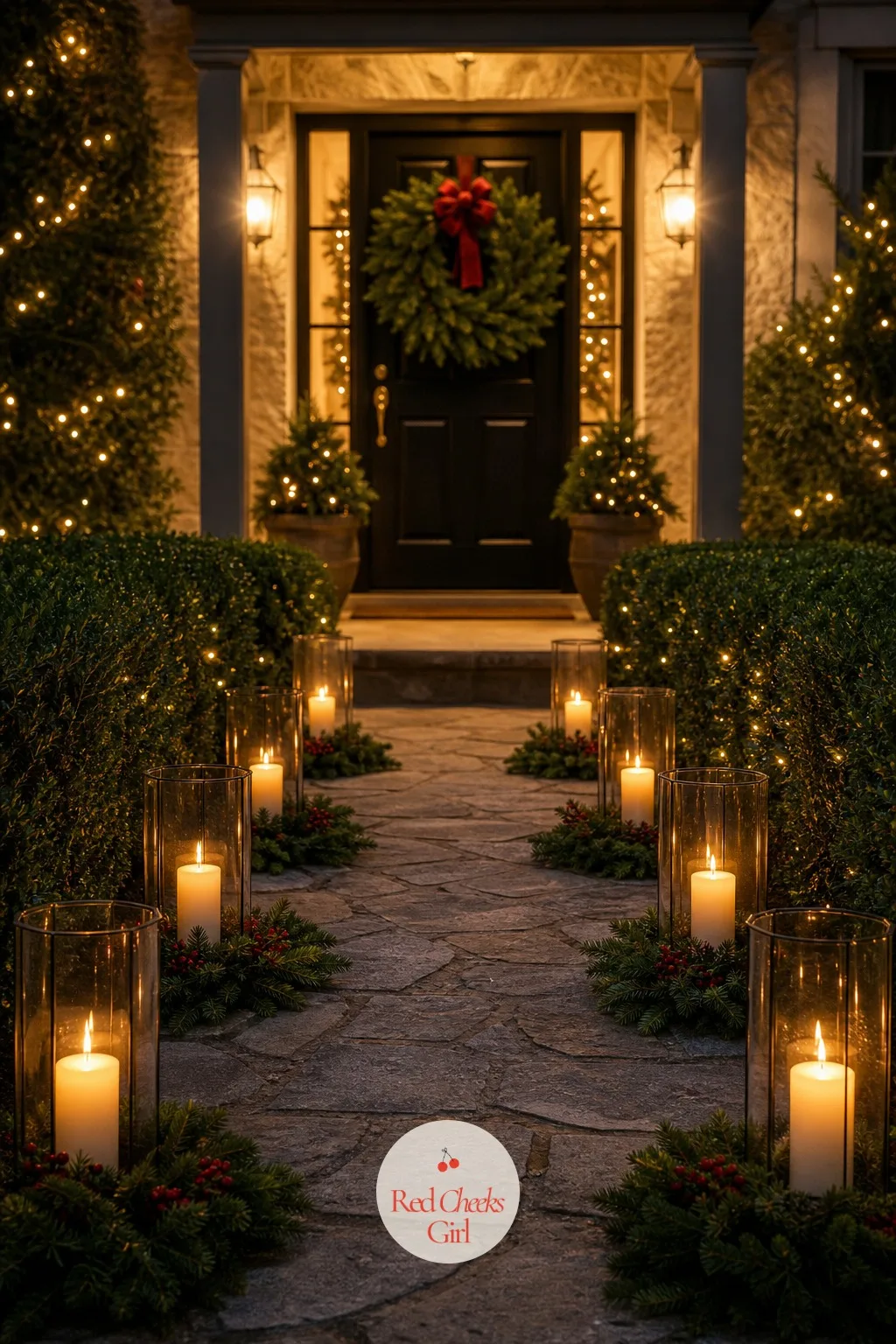 Lanterns Lining the Front Path — Guests arrive over two or three hours, which means some of them walk up in the dark. Holiday open house ideas