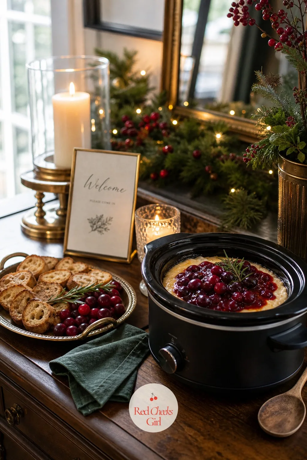 A Warm Cranberry and Brie Dip in the Slow Cooker — Cold cheese sitting out for three hours stops being appealing by hour two. Holiday open house ideas