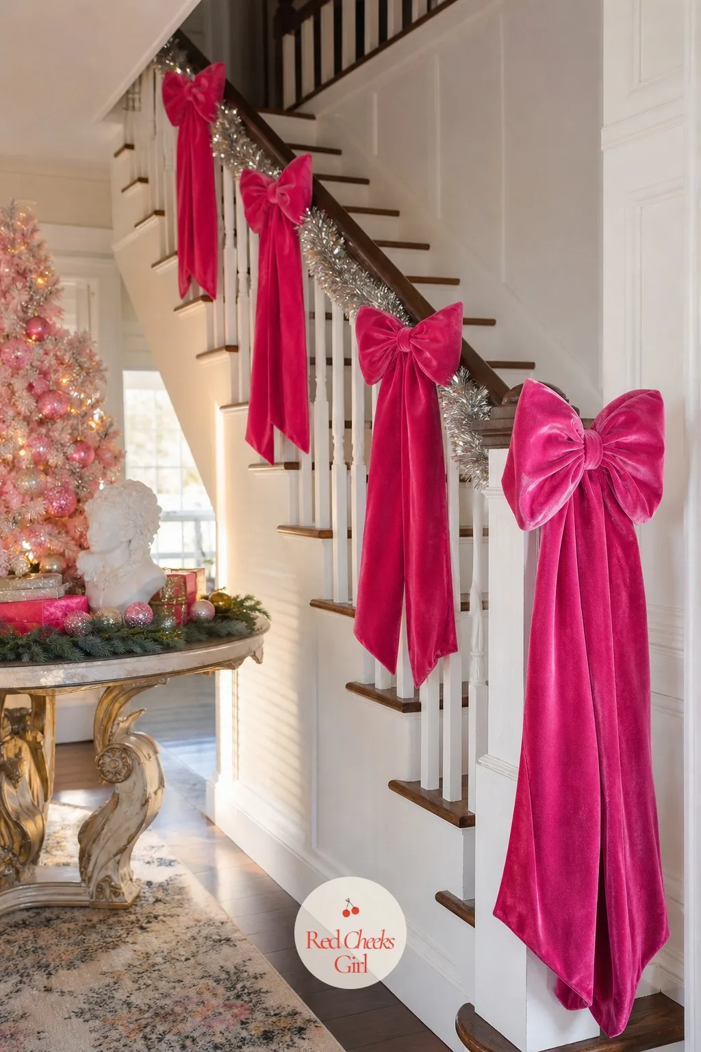 Bows on Every Stair Riser — Garland alone can read a little sparse from the bottom of the stairs looking up. Holly dolly parton christmas